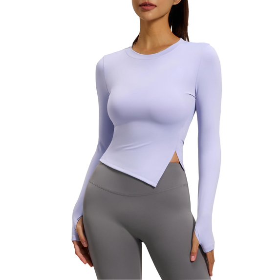 Workout Tops for Women Long Sleeve Split Hem Shirt Yoga Top Running Shirt Seamless Athletic Top Beige 2XL