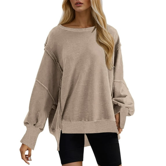 Workout Tops for Women Loose Fit Fall Crew Neck Long-sleeved Batwing One Shoulder Side Split Solid Color Leisure Ribbed Knit Top Tops(Khaki,S)