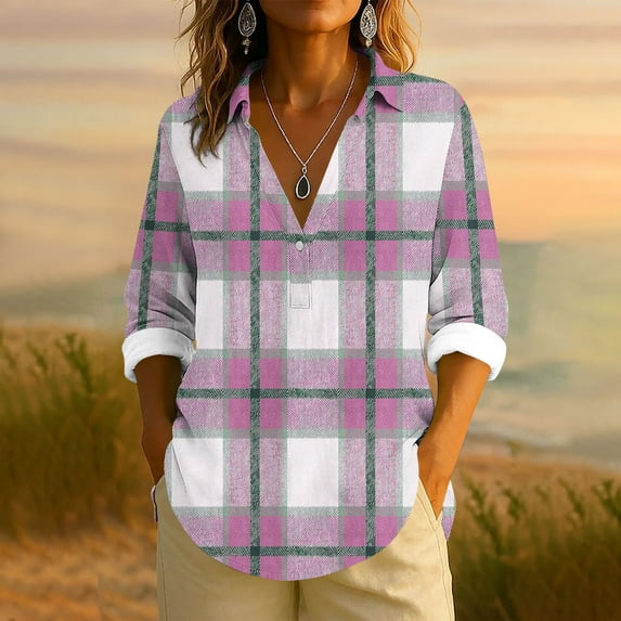 Workout Tops for Women, Plaid Shirts Three Quarter V Neck Sleeve Tops Woman Oversized Tunic Shirts for Women for Leggings Long Sleeve