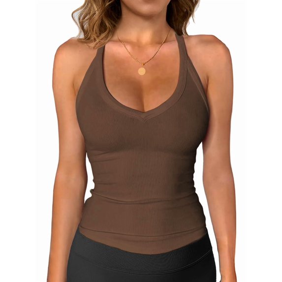 Workout Tops for Women Racerback Basic Tank Summer Camisole V Neck Slim Fit Ribbed Sleeveless Brown XL