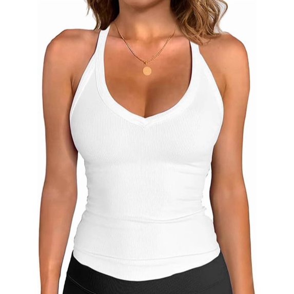 Workout Tops for Women Racerback Basic Tank Summer Camisole V Neck Slim Fit Ribbed Sleeveless White L
