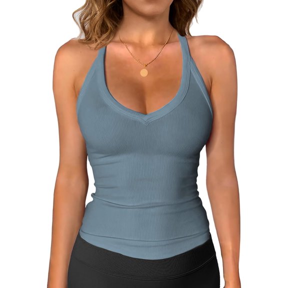 Workout Tops for Women Racerback Basic Tank Summer  Camisole V Neck Slim Fit Ribbed Sleeveless