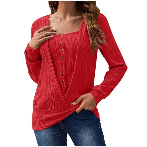 Workout Tops for Women, Ribbed Knit Tops for Women Trendy Square Neck Button Decoration Pullover Soft Long Sleeve Work Casual Blouses