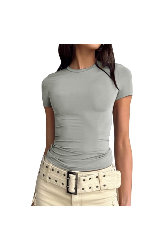 Workout Tops for Women Short Sleeve Shirts Slim Fit Crops Underscrub,Grey,L