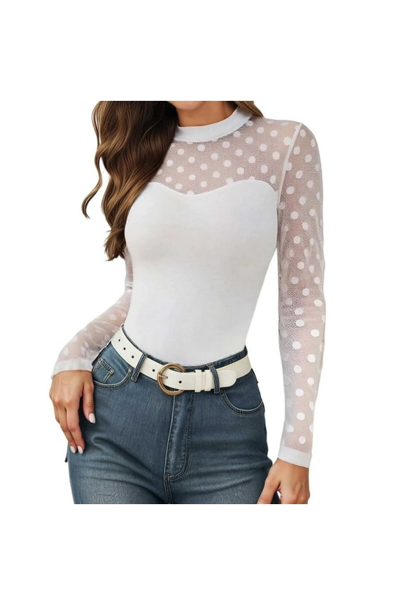 Workout Tops for Women T Shirt Long Sleeve Crew Neck Mesh Patchwork Blouse,White,M