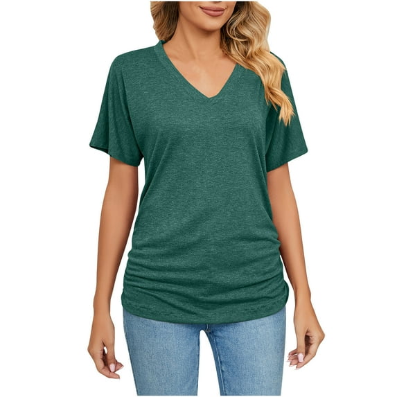 Workout Tops for Women V Neck Summer Casual Loose Fitting Comfy Top Tee Shirts Dailywear Short Sleeve Basic Tshirt (Small, Green)