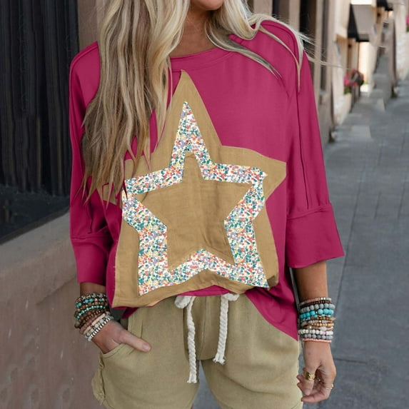 Workout Tops for Women Viikei Womens Tops Clearance,Fall Tops for Women,Solid Color Patchwork Star Women's Top Hot Pink XXL