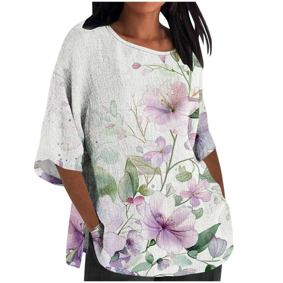 Workout Tops for Women Viikei Womens Tops Long Sleeve Dressy,Women's Ladies Fashion Casual Cropped 3/4 Sleeve Printing Loose Shirt Blouse Top White S