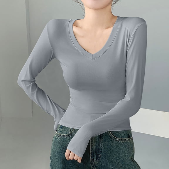 Workout Tops for Women Viikei Womens Tops Long Sleeve Dressy,Women's New Long Sleeve V-neck Pullover Solid Color Casual Base Top Gray XL