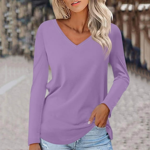 Workout Tops for Women Viikei Womens Tops Long Sleeve,Women's Fashion Casual V-neck Long Sleeve T-Shirts Solid Color Basic Tops Tees Blouses Purple S