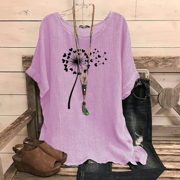 Workout Tops for Women Viikei Womens Tops Trendy,Women's Fashion Print Tees Casual Crew Neck Raglan Short Sleeve Loose T Shirt Linen Blouses Pink XXL