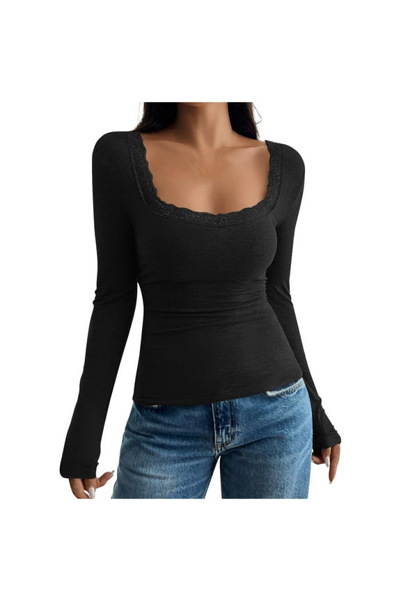 Workout Tops for Women, Women Lace Trim Long Sleeve Top Y2K Fairy Aesthetic Slim Fit Low Cut Sexy Square Neck Coquette Tops Streetwear