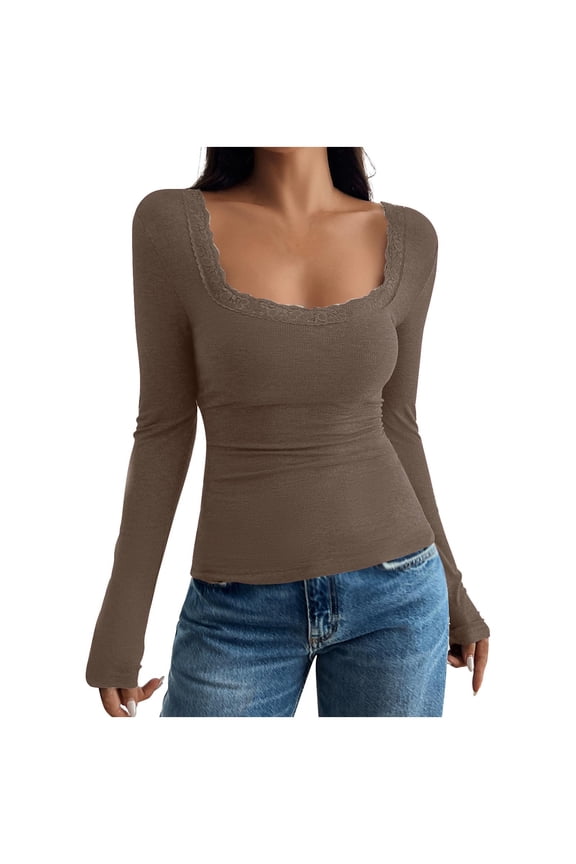 Workout Tops for Women, Women Lace Trim Long Sleeve Top Y2K Fairy Aesthetic Slim Fit Low Cut Sexy Square Neck Coquette Tops Streetwear