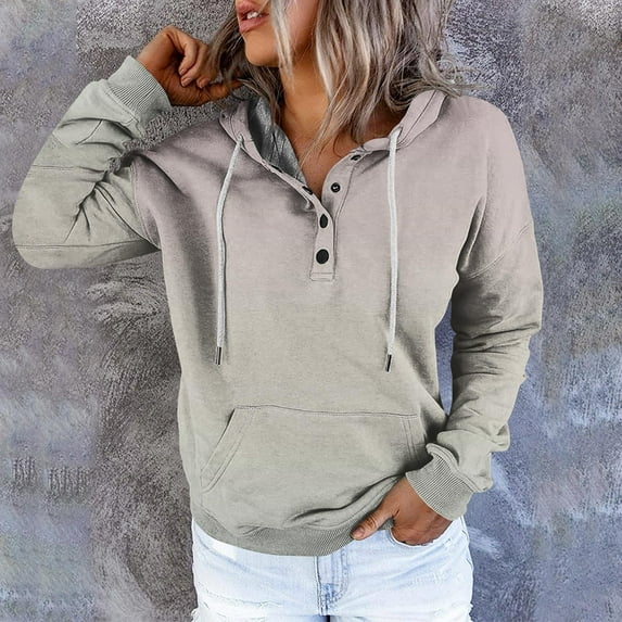 Workout Tops for Women Women's Casual Fashion Vintage Print Long Sleeve Button Pullover Hoodies Sweatshirts
