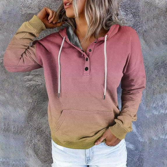 Workout Tops for Women Women's Casual Fashion Vintage Print Long Sleeve Button Pullover Hoodies Sweatshirts