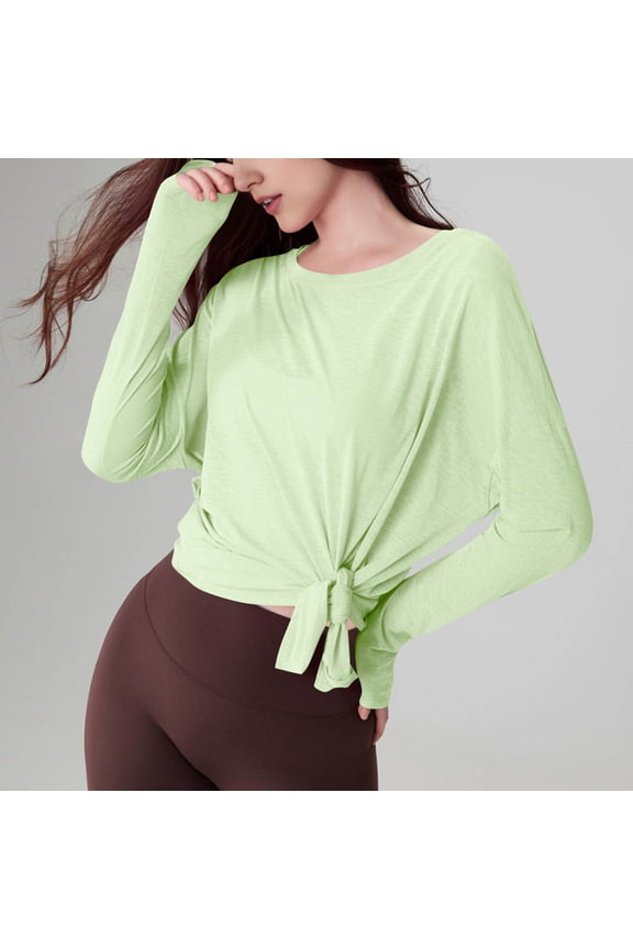 Workout Tops for Women, Women's Crewneck Long Sleeve Workout Sheer Top Side Split Tie Front Mesh Loose Running Yoga T-Shirt