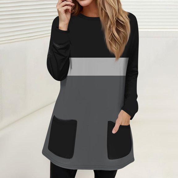 Workout Tops for Women Women's Fashion Casual Pullover T-Shirt Round Neck Pocket Stripe Patchwork Printed Long Sleeve Top