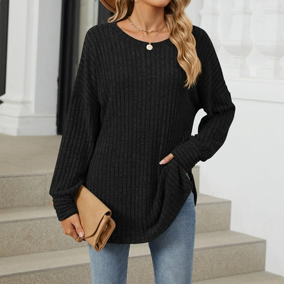 Workout Tops for Women Women's Fashion Casual Solid Color Round Neck Long Sleeve Loose Pullover Top