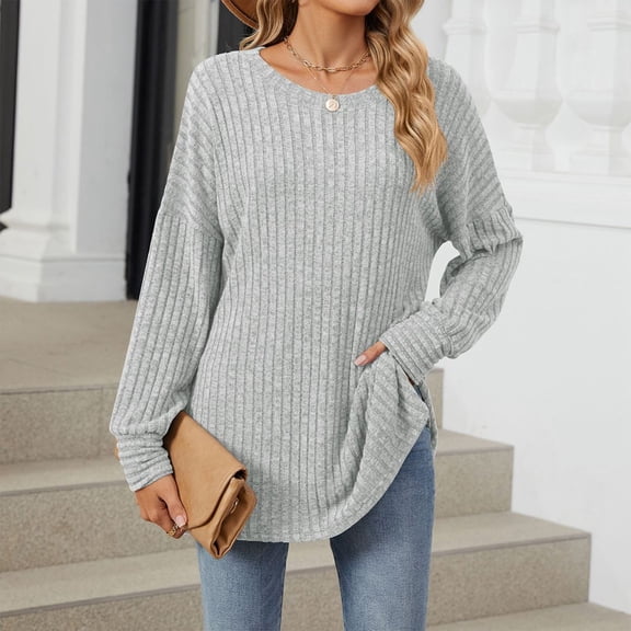Workout Tops for Women Women's Fashion Casual Solid Color Round Neck Long Sleeve Loose Pullover Top