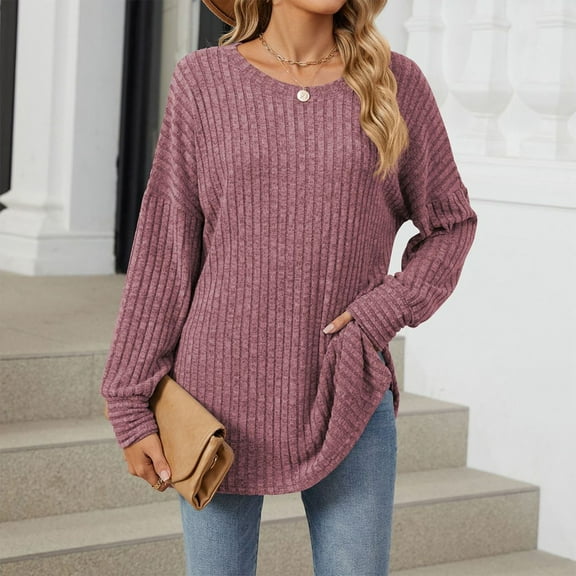 Workout Tops for Women Women's Fashion Casual Solid Color Round Neck Long Sleeve Loose Pullover Top