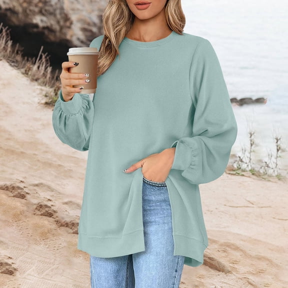 Workout Tops for Women Women's Fashion Square Neck Button Split T-Shirt Loose Solid Color Long Sleeve Top