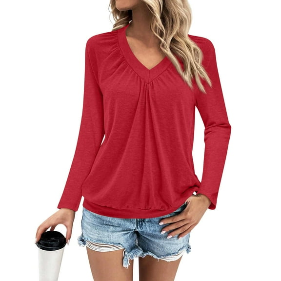 Workout Tops for Women Women's Fashion V-Neck Off Shoulder Pleated Casual Long Sleeve