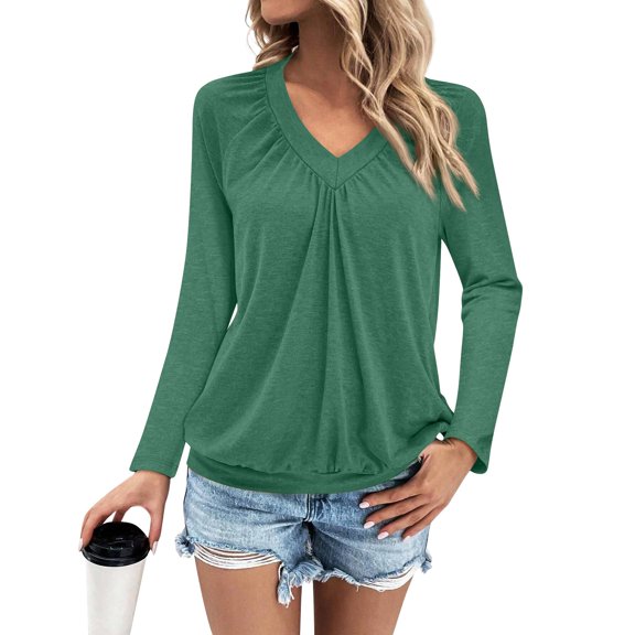 Workout Tops for Women Women's Fashion V-Neck Off Shoulder Pleated Casual Long Sleeve