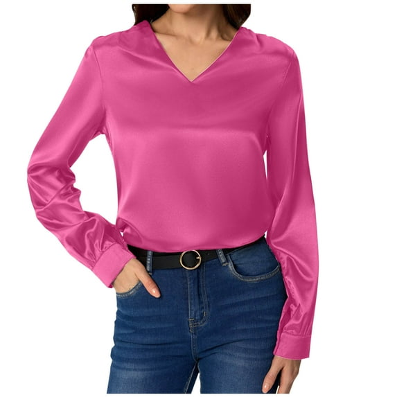 Workout Tops for Women, Women's Lightweight Silk Satin Tops Elegant V Neck Long Sleeve Office Work Blouses Dressy Casual Going Out T-Shirts