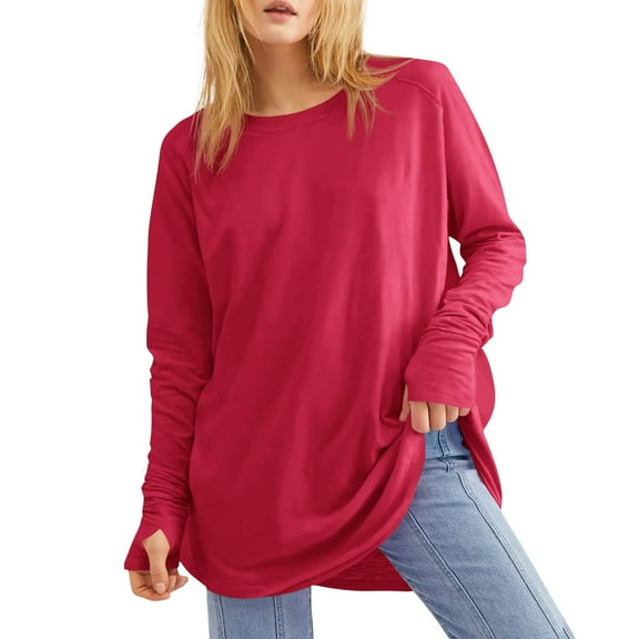 Workout Tops for Women Women's Solid Round Neck Loose Long Sleeve Medium Length Leaky Thumb T-shirt Top