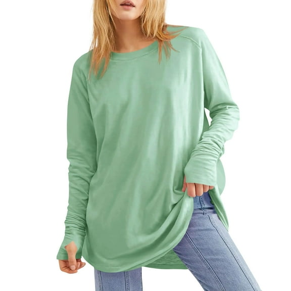 Workout Tops for Women Women's Solid Round Neck Loose Long Sleeve Medium Length Leaky Thumb T-shirt Top