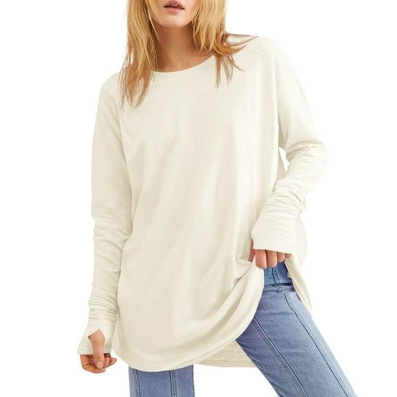 Workout Tops for Women Women's Solid Round Neck Loose Long Sleeve Medium Length Leaky Thumb T-shirt Top