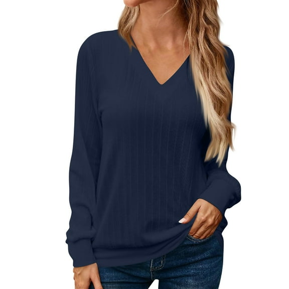 Workout Tops for Women Women's Sweater Ladies V-neck Brushed Striped Long Sleeve Top