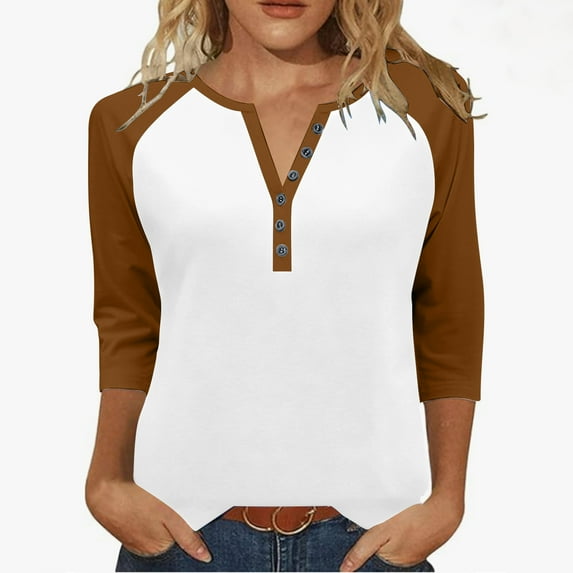 Workout Tops for Women, Womens 3/4 Sleeve Tops and Blouses Color Block Button V Neck T Shirts Loose Fit Three Quarter Sleeve Tops Woman