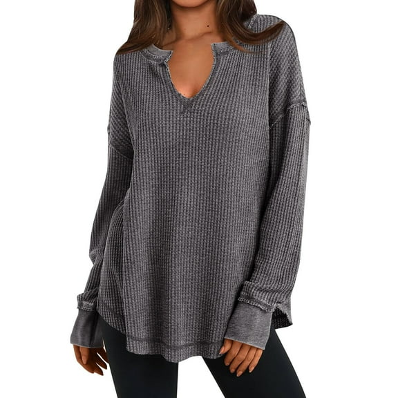 Workout Tops for Women Womens Knit Long Sleeve Shirts V Neck Solid Color Casual Drop Shoulder Pullover Exposed Seam Fall Tops