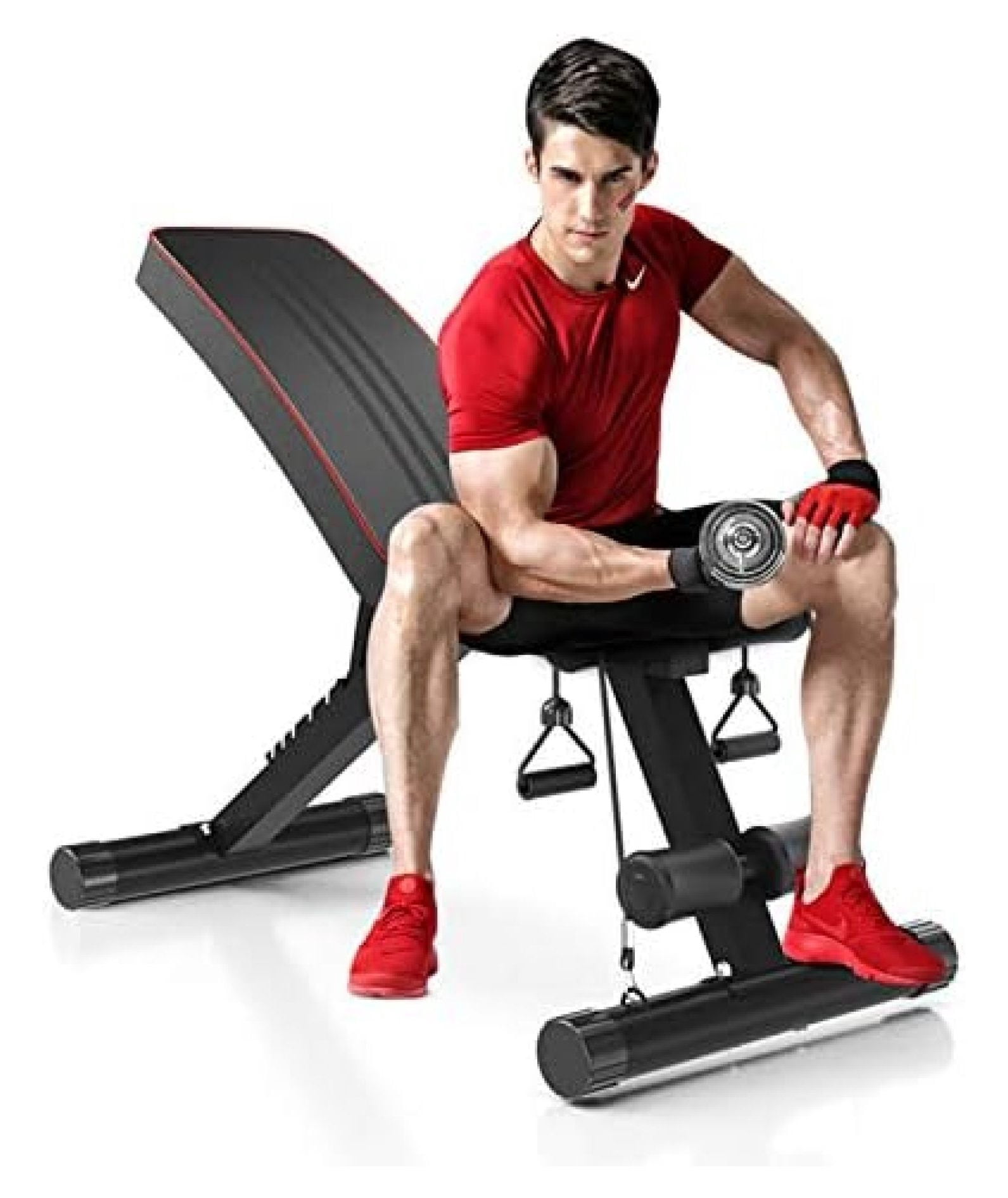 Workout Weight Benches 330lbs Capacity, Adjustable 7-levels Backrest Press, Foldable Incline Decline Exercise , 6 in 1 Flat Dumbbell Sits-up with Elastic Rope for Home Gym