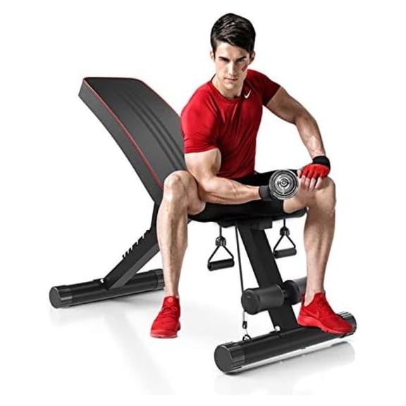 Workout Weight Benches 330lbs Capacity, Adjustable 7-levels Backrest Press, Foldable Incline Decline Exercise , 6 in 1 Flat Dumbbell Sits-up with Elastic Rope for Home Gym