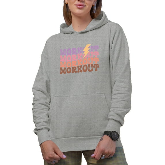Workout Word with Lightning & Groovy Text Art, Work Out Merch Gift, Heather Grey Hooded Sweatshirt or Hoodie, Medium