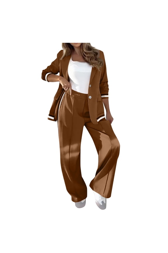 Workout Yoga Pullover Suit Set Blazer Sets Women 2 Piece Outfits, Business Casual Stretchy Plus Size Cardigan Jackets Wide Leg Pants Dressy Suit Sets Brown XXL