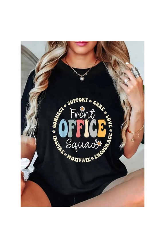 Workplace - Team - Spirit Graphic Tee, Tops Has "Front OFFICE Squad" Text, Round Neck Regular Fit T - shirts, Size(S - 5XL)