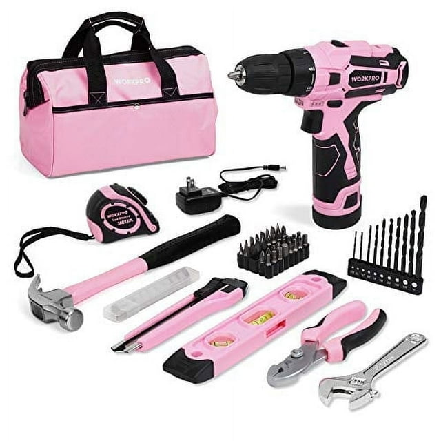 WORKPRO 12V Cordless Drill Driver Kit, Power Tool Kit for Home, 61-Piece Hand Tool Set, 14-inch Storage Bag, 1.5Ah Lithium-ion Battery & Charger included (Pink)