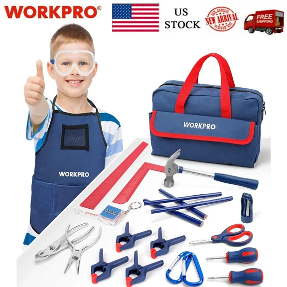 Workpro 23 Pcs Kid Tool Set With Storage Bag Hand Tools For Home Diy Woodworking