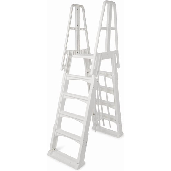 Works SLA A-Frame 48 to 56 Inch Adjustable Above Ground Swimming Pool Ladder Entry System with Slide Lock Barrier and Handrails, White