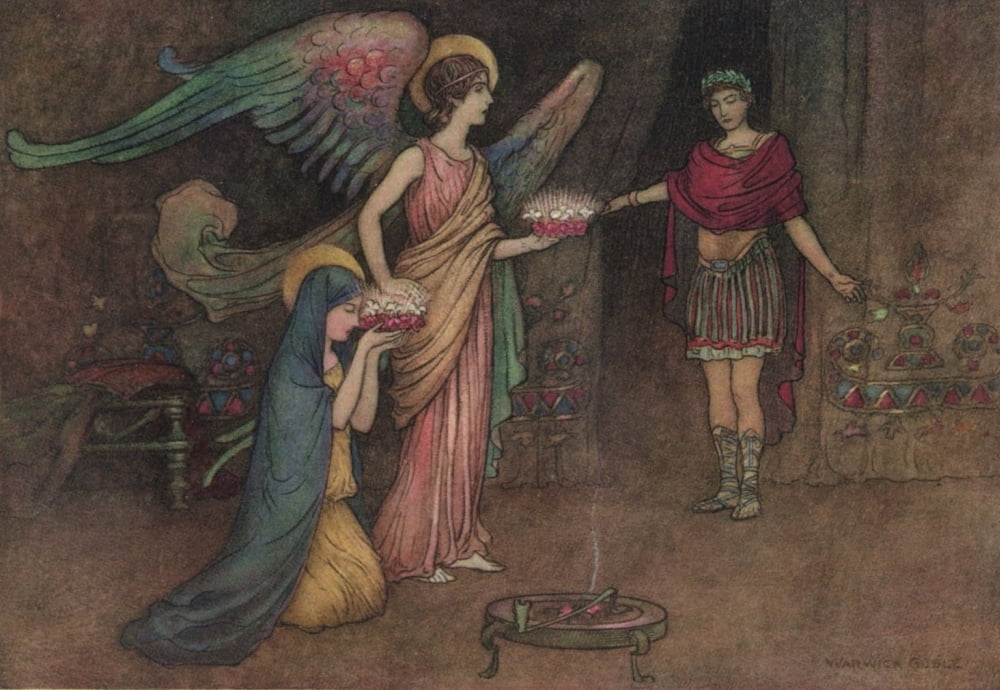 Works of Geoffrey Chaucer 1912 Angel presenting crowns Canvas Art - Warwick Goble (24 x 36)