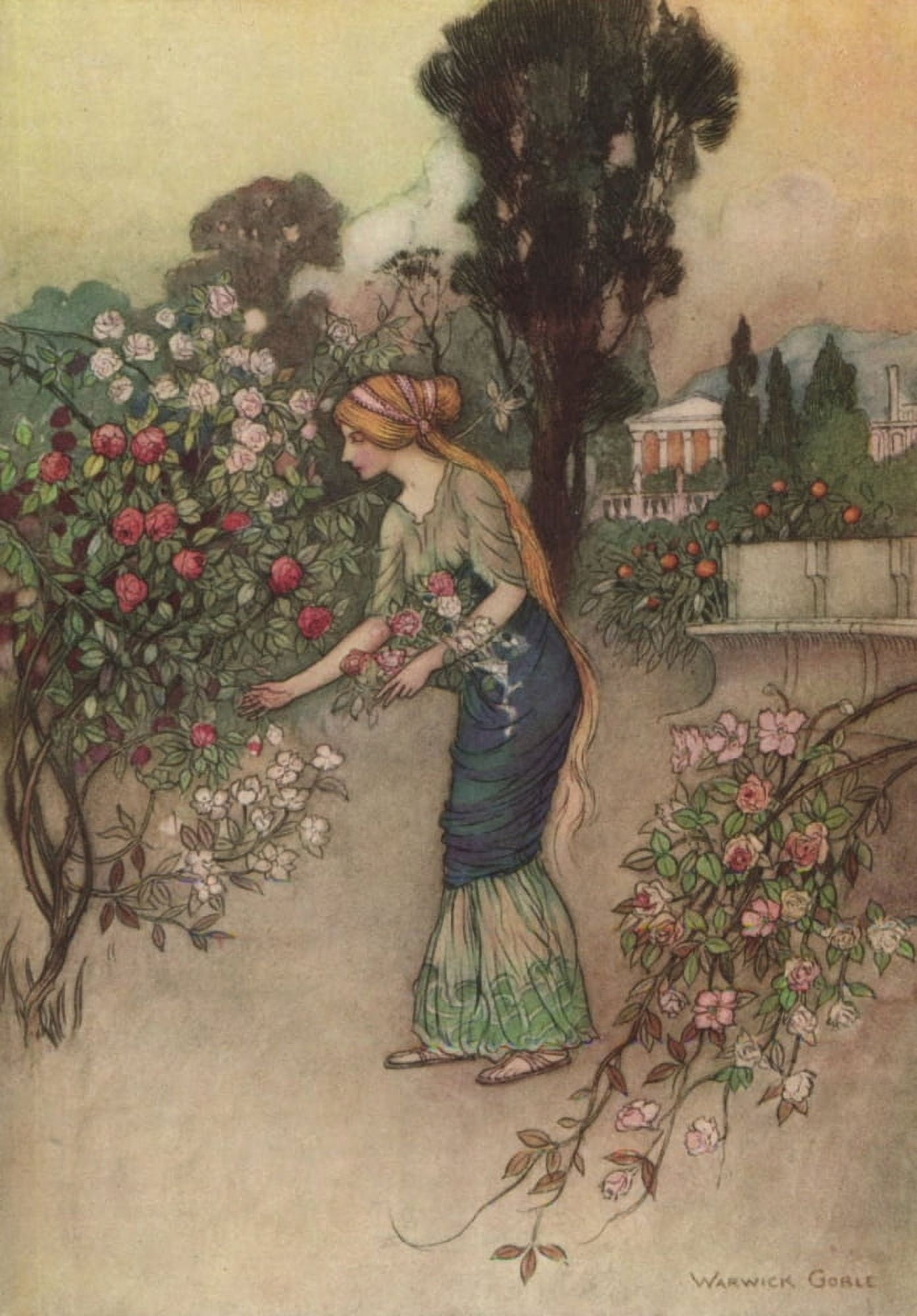 Works of Geoffrey Chaucer 1912 Emily in the garden Canvas Art - Warwick Goble (18 x 24)