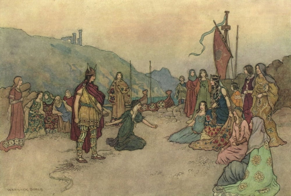 Works of Geoffrey Chaucer 1912 Knight & old woman at court Canvas Art - Warwick Goble (24 x 36)