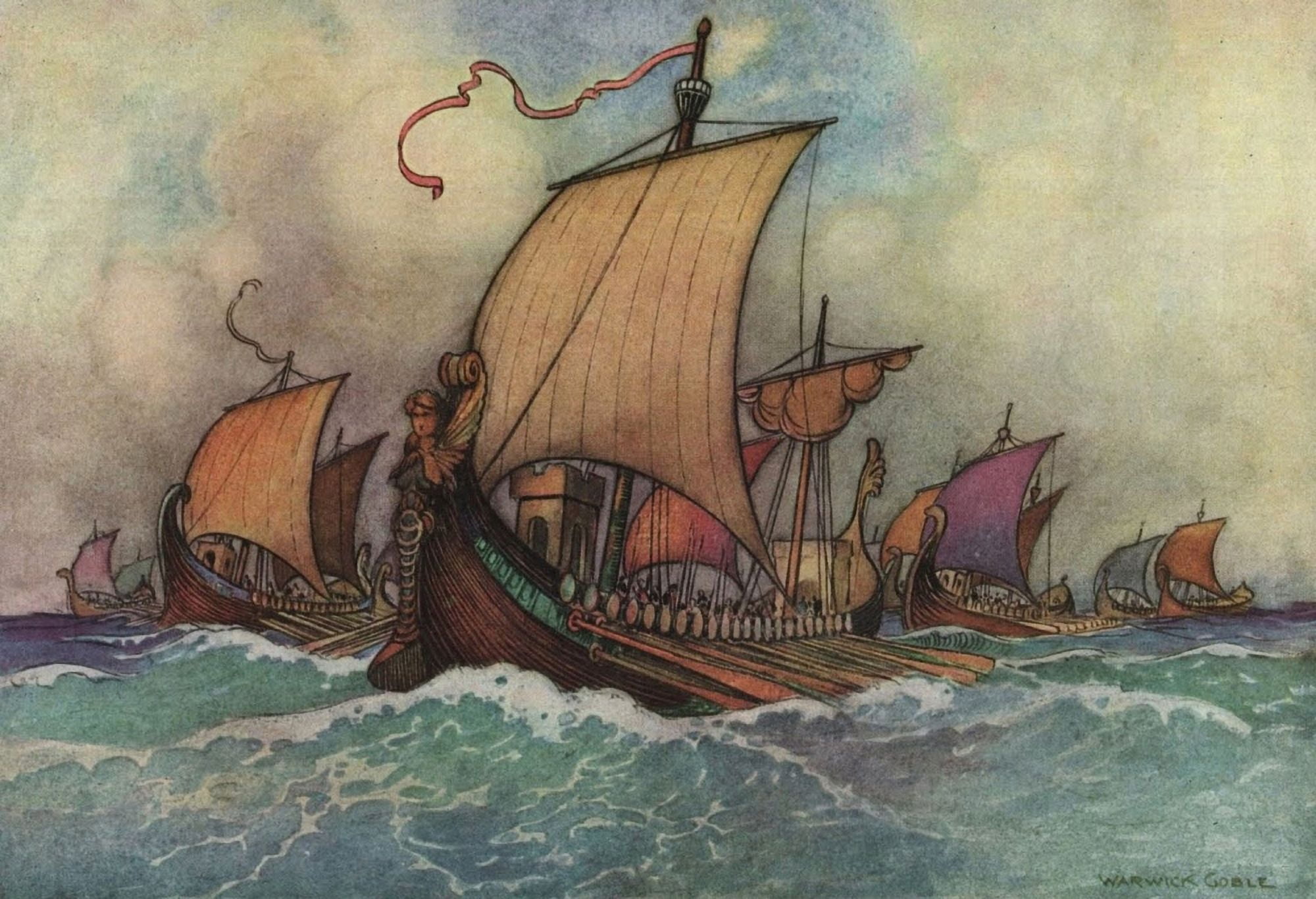 Works of Geoffrey Chaucer 1912 The Greek fleet Canvas Art - Warwick Goble (24 x 36)