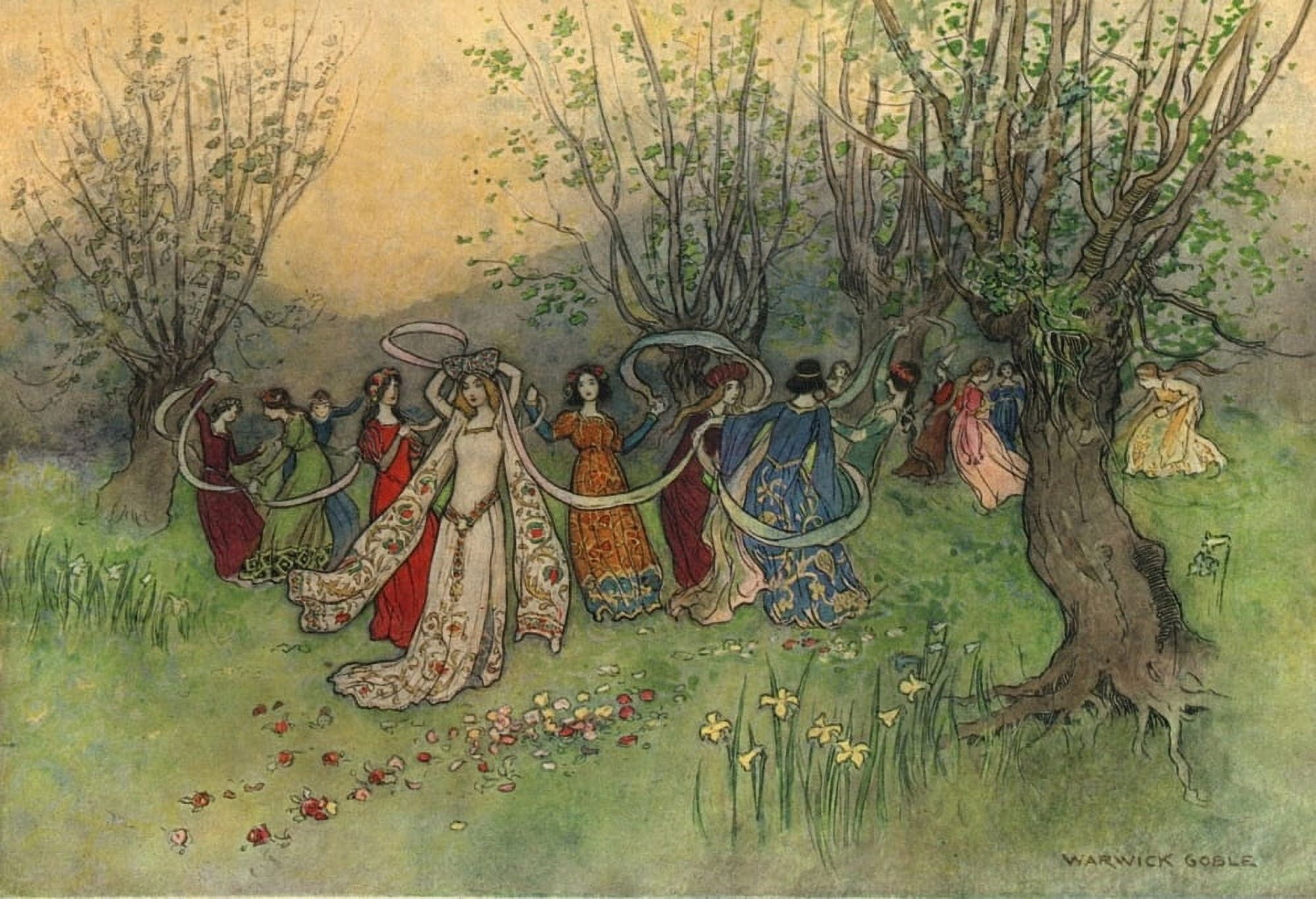 Works of Geoffrey Chaucer 1912 The fairest company of ladies Canvas Art - Warwick Goble (18 x 24)