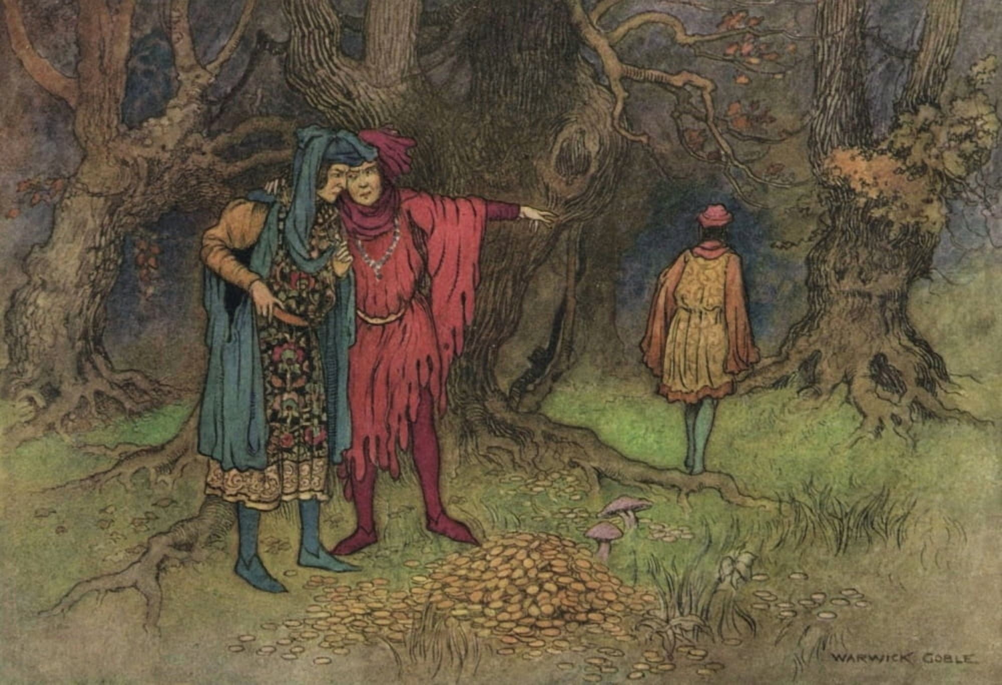 Works of Geoffrey Chaucer 1912 Three Revelers Canvas Art - Warwick Goble (18 x 24)