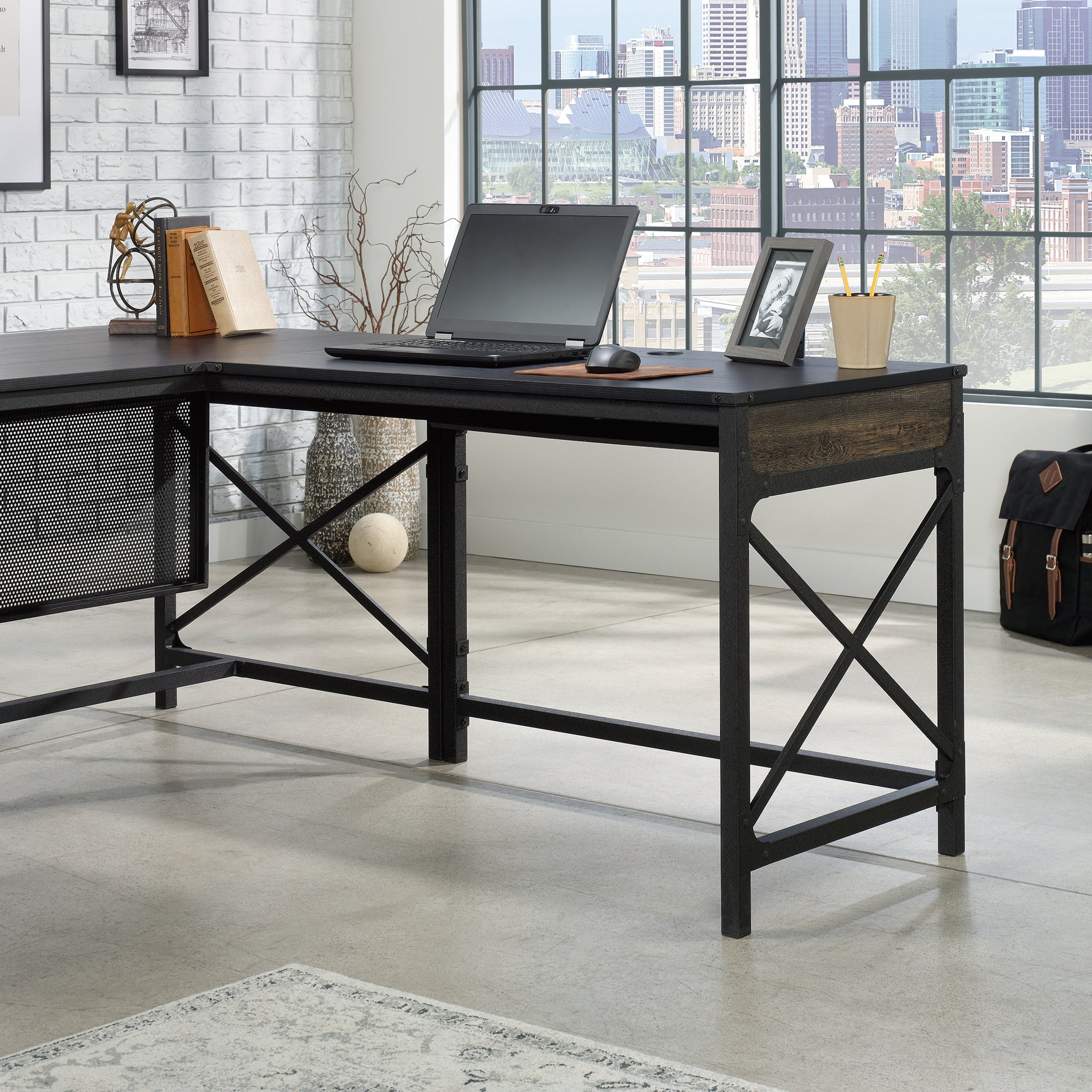 Carbon Oak and Metal 42" L-Shaped Desk Return