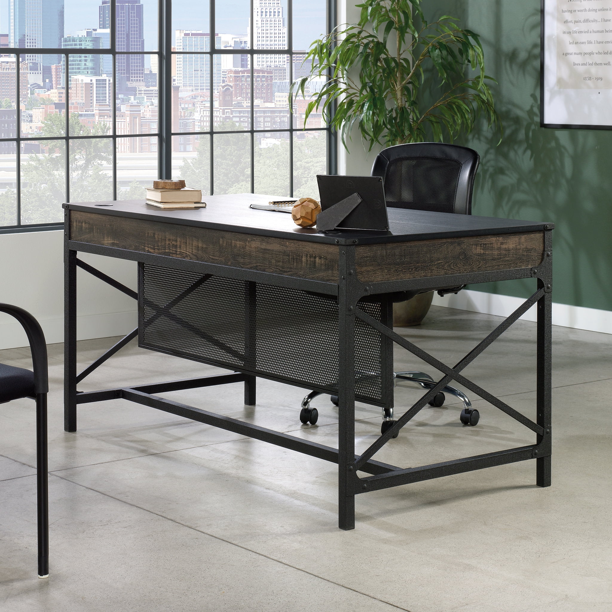 Sauder Foundry Road Engineered Wood/Metal 60x30 Table Desk in Carbon Oak